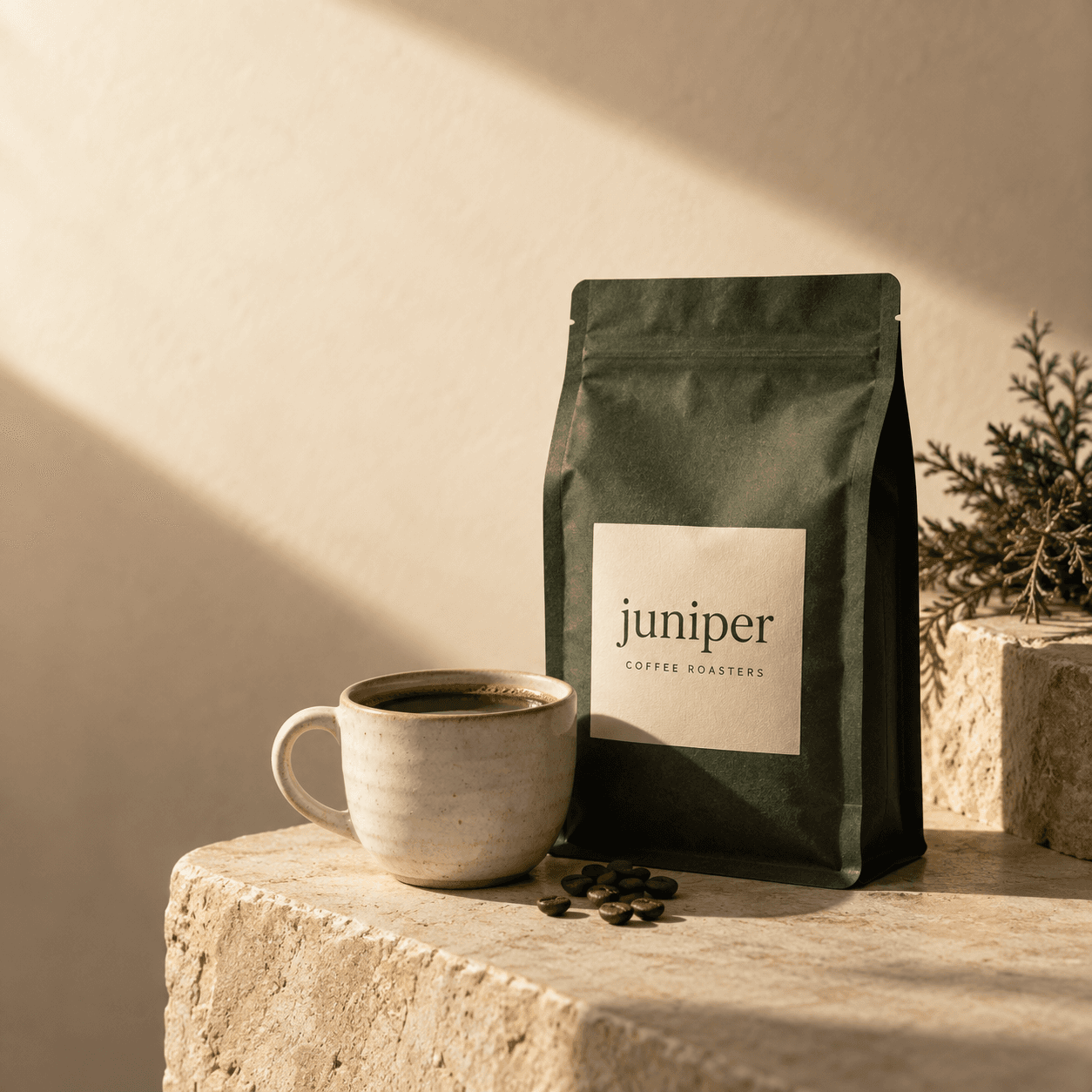 Juniper coffee in a forest-green bag beside a ceramic cup, photographed in warm morning light. Illustrative campaign creative.